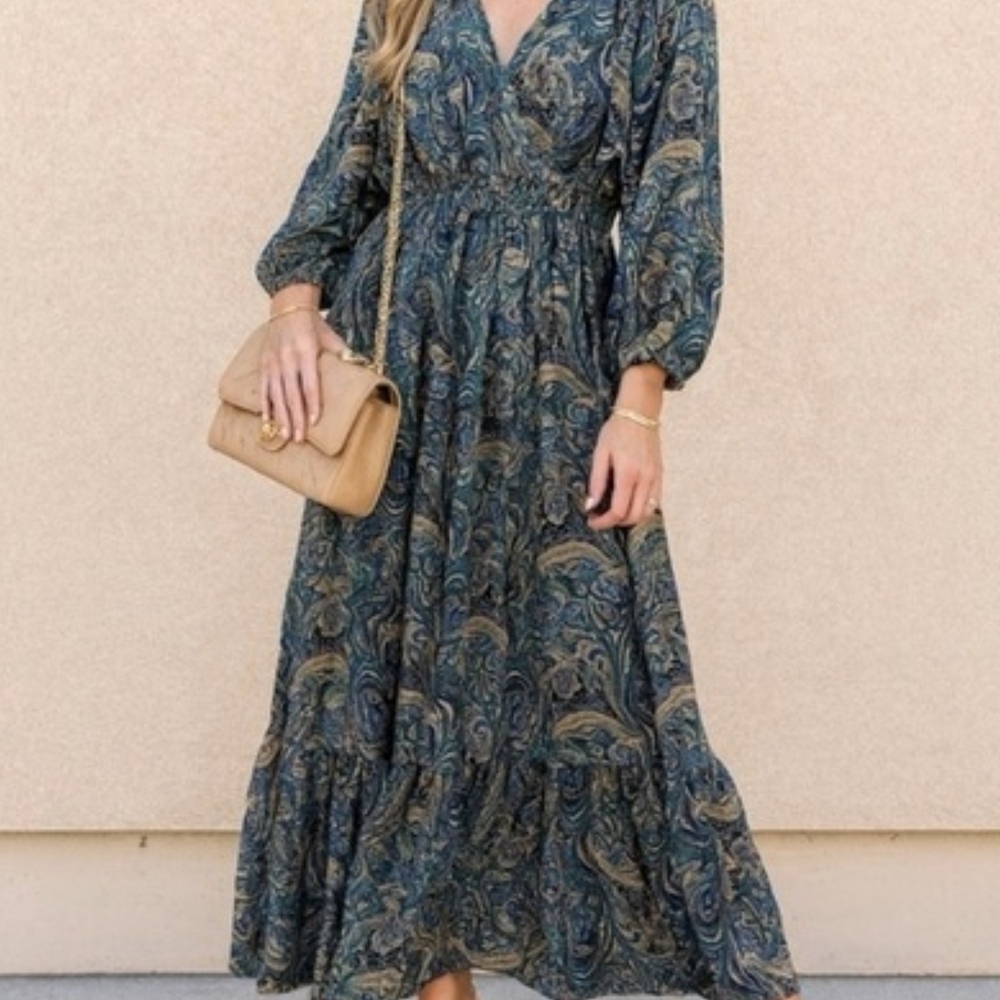 Anthropologie Boemo Hippie Flowly Long Sleeve Paisley Maxi Dress Size Small